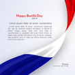 Ribbon flag of France and text Happy Bastille Day on a light background Brochure banner layout with wavy lines of French flag ribbons Patriotic background abstract wavy tricolor france theme Vector