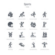 © zaurrahimov - set of 16 vector icons such as dumbbell for training, golf player hitting, exercise gym, skier skiing, windsurf sea, surf sea, swimming jump, medal with number 1 from sports concept. can be used for