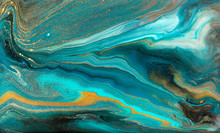Blue Marbling Pattern. Golden Marble Liquid Texture.