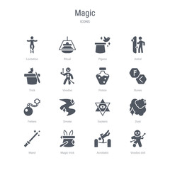  set of 16 vector icons such as voodoo doll, acrobatic, magic trick, wand, dust, esoteric, smoke, fetters from magic concept. can be used for web, logo, ui\u002fux