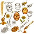 Set of isolated honey items in line