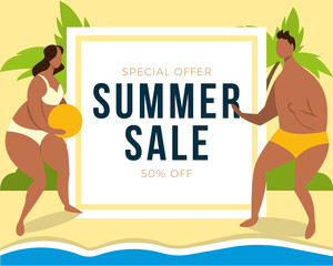 Wall Mural - Summer sale banner with couple on beach background, design for banner, flyer, invitation, poster, web site or greeting card