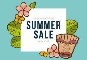 Wall Mural - Summer sale banner with tropical leaves and tiki mask background, exotic floral design for banner, flyer, invitation, poster, web site or greeting card. Paper cut style