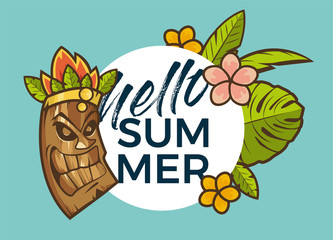 Wall Mural - Hello Summer banner with tiki mask and tropical plants design for banner, flyer, invitation, poster, web site or greeting card.