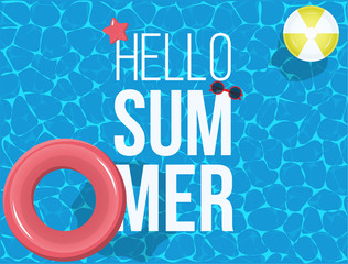 Wall Mural - Hello Summer banner with with ball, sunglasses, star design for banner, flyer, invitation, poster, web site or greeting card