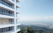 Perspective of high-rise condominium building with mountain and city view background - 3D rendering - Illustration