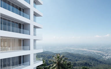 Poster - Perspective of high-rise condominium building with mountain and city view background - 3D rendering - Illustration