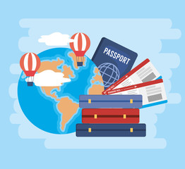 Sticker - global map with air balloons and tickets with passport