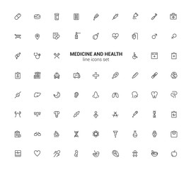 Poster - Medicine and health, healthy lifestyle, clinical trials and laboratory studies. Minimalism symbols. Line icons set.