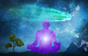 Wall Mural - silhouette of man practicing meditation outdoors in night under starry sky