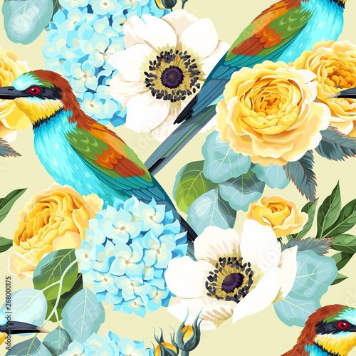 Stoffe zum Nähen Vector seamless pattern with birds and roses