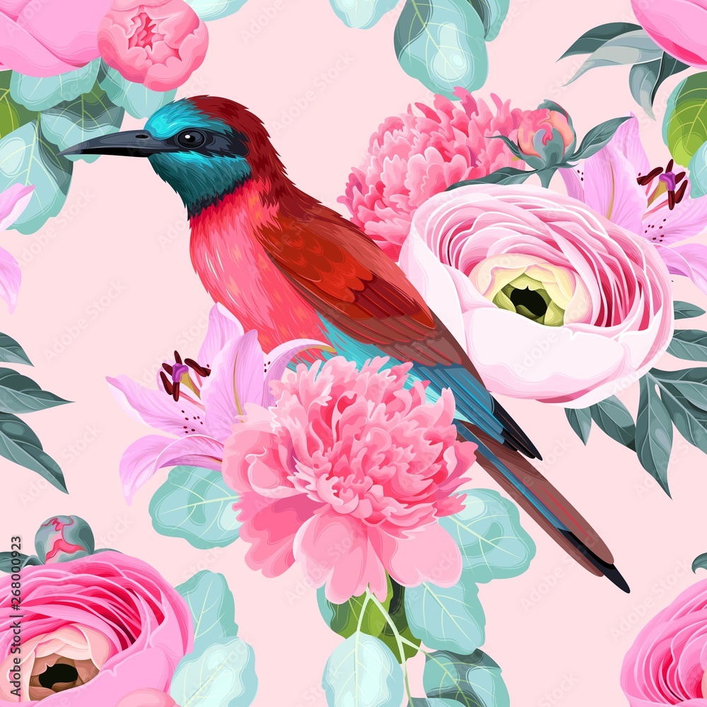 Vector seamless pattern with birds and roses - obrazy, fototapety, plakaty 