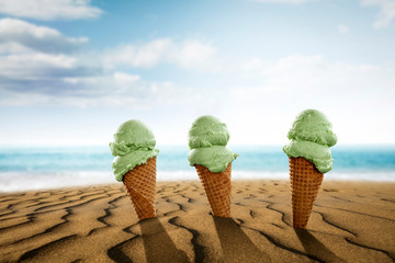 Ice cream on beach and summer landscape of beach with sea. 