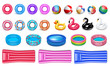 Equipment for the pool. Realistic style. Set of rubber icons for water sports and recreation. Circles, birds, pools, rubber bed. Isolated on a white background. Vector.