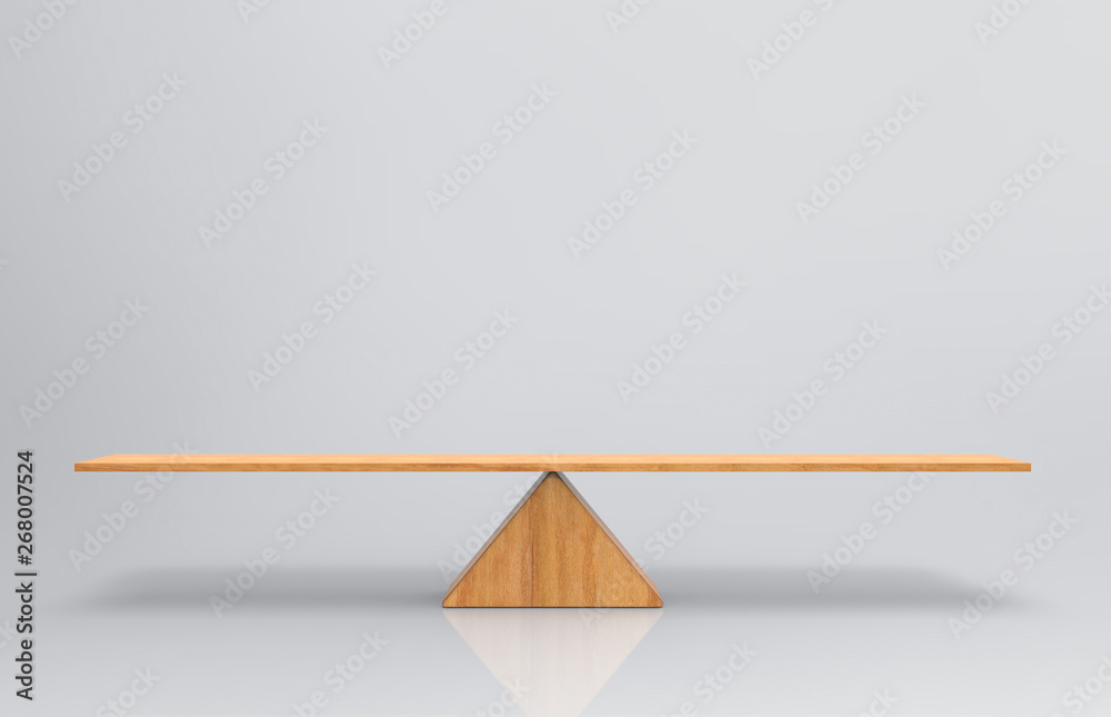 3d rendering. an empty blank wood balance scale on gray background ...