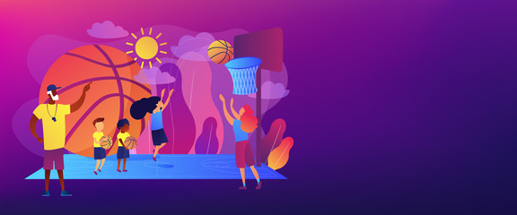 Poster - Coach teaching and kids practicing basketball in summer camp, tiny people. Basketball camp, NBA academy, achieve basketball goals concept. Header or footer banner template with copy space.