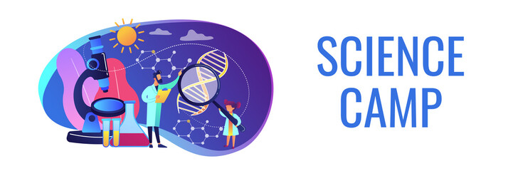 A girl with magnifier and scientist carry out an experiment, tiny people. Kids Science camp, young scientists lessons, kids laboratory tests concept. Header or footer banner template with copy space.