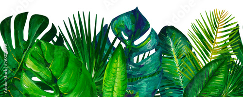Cuadros en Lienzo Gouache summer seamless border with mixed tropical leaves