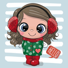 Wall Mural - cute girl in a coat and fur headphones