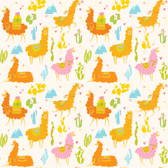 Wall Mural - Vector summer seamless pattern with lamas and cactus. 