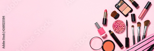 Cuadros en Lienzo Makeup professional cosmetics on pink background.