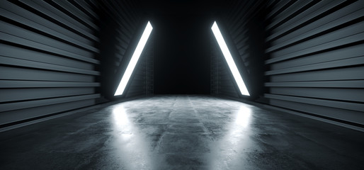 Dark Triangle Lights Futuristic Modern Garage Showroom Tunnel Corridor Concrete Metal Grunge Reflective Glossy Empty Space White Glow Showcase Stage Underground Hallway Entrance 3D Rendering