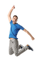 Wall Mural - Full length portrait of happy handsome man jumping on white background