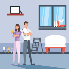 Canvas Print - couple in interior of house and icons