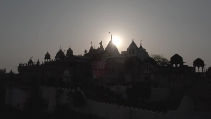 Wall Mural - Barsana temple sunset, India 4k aerial drone, ungraded/flat raw footage