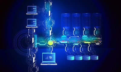 High quality image of enterprise application concept, illustrates integration of different types of enterprise database, applications and all the connections are represented through circuits