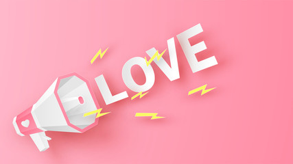 Announce of love with a megaphone in Valentine's day. Valentine's greeting card design. paper cut and craft style. vector, illustration.