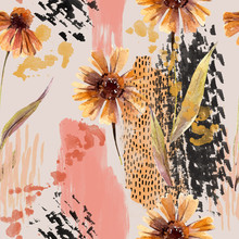 Watercolor Flowers, Leaves, Scribbles, Rough Brush Strokes, Textures Background