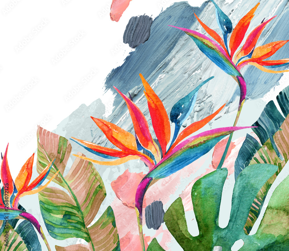 Tropical Flower Pattern Printable Tropical watercolor bird-of-paradise flower and tropical leaves on ...