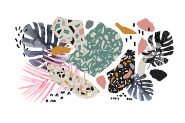 Wall Mural - Tropical watercolor leaves, turned edge geometric shapes, terrazzo flooring elements collage
