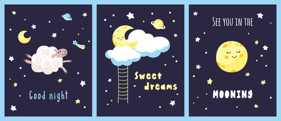 set of night cards with cute cartoon characters and inscriptions in the starry sky. vector template.