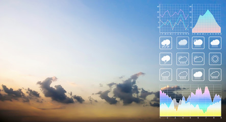 Wall Mural - weather forecast symbol data presentation with graph and chart background on deamatic panorama view 