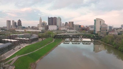 Wall Mural - Flying in over the Columbus Ohio Skyline Featuring Scioto River