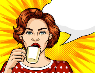 Color vector in comic style pop art illustration of a girl with a cup of coffee. Beautiful woman drinking coffee. Brown-haired with blue eyes and and a cup in his hand on a dotted background