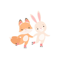 Poster - Lovely White Little Bunny and Fox Cub Holding Hands and Rollerblading, Cute Best Friends, Adorable Rabbit and Pup Cartoon Characters Vector Illustration