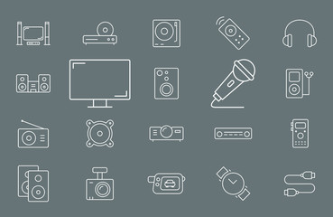 Poster - Digital video and audio equipment icons set - Vector outline symbols of media technology and television for the site or interface