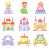 Collection of Cute Little Princesses, Magic Castles, Fairy Tale Carriages Cartoon Vector Illustration