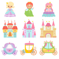 Poster - Collection of Cute Little Princesses, Magic Castles, Fairy Tale Carriages Cartoon Vector Illustration