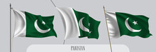 Set Of Pakistan Waving Flag On Isolated Background Vector Illustration