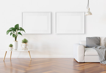 Poster - Two horizotnal frames hanging in modern living room Mockup 3D rendering