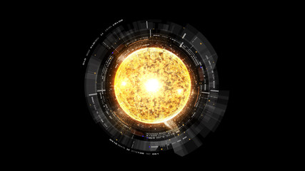 Fototapete - Futuristic graphic user interface head up display screen with digital holographic Nuclear Fusion energy simulator display for digital background