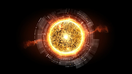 Fototapete - Futuristic graphic user interface head up display screen with digital holographic Nuclear Fusion energy simulator display for digital background