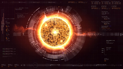 Fototapete - Futuristic graphic user interface head up display screen with digital holographic Nuclear Fusion energy simulator display for digital background
