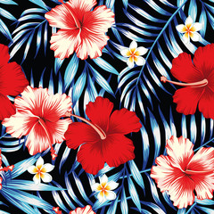 Wall Mural - hibiscus red and palm leaves blue seamless background