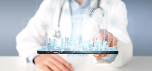Poster - Doctor holding Smart city user interface with icon, stats and data 3d rendering