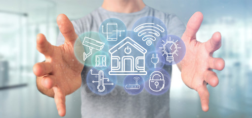 Poster - businessman holding smart home interface with icon, stats and data 3d rendering